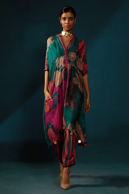 Basil Leaf Green Chinon Chiffon Printed Floral Abstract Asymmetric Kaftan Kurta And Pant Set 