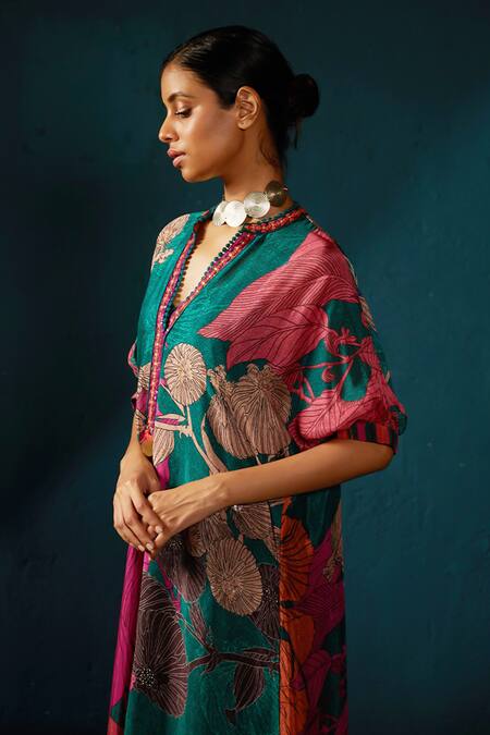 Buy_Basil Leaf_Green Chiffon Tassels Floral Abstract Print Asymmetric Kaftan Kurta And Pant Set_Online_at_Aza_Fashions