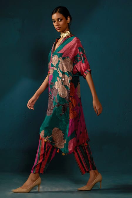Shop_Basil Leaf_Green Chiffon Tassels Floral Abstract Print Asymmetric Kaftan Kurta And Pant Set_Online_at_Aza_Fashions