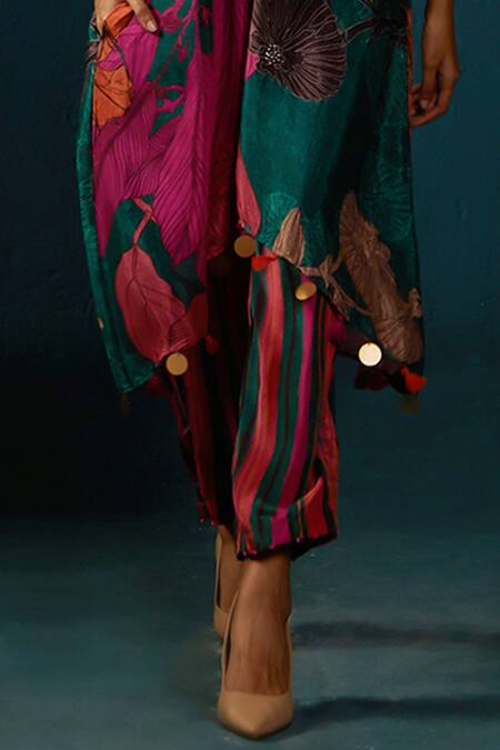 Basil Leaf_Green Chiffon Tassels Floral Abstract Print Asymmetric Kaftan Kurta And Pant Set_at_Aza_Fashions