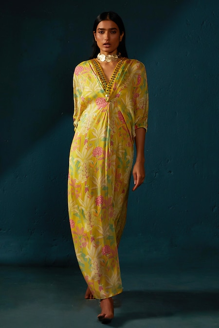 Basil Leaf Yellow Chinon Chiffon Printed Floral V Neck Longline Kaftan