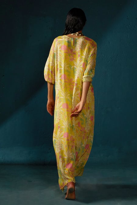 Shop_Basil Leaf_Yellow Chiffon Embroidery, Mirrors V-neck Floral Print Longline Kaftan _at_Aza_Fashions