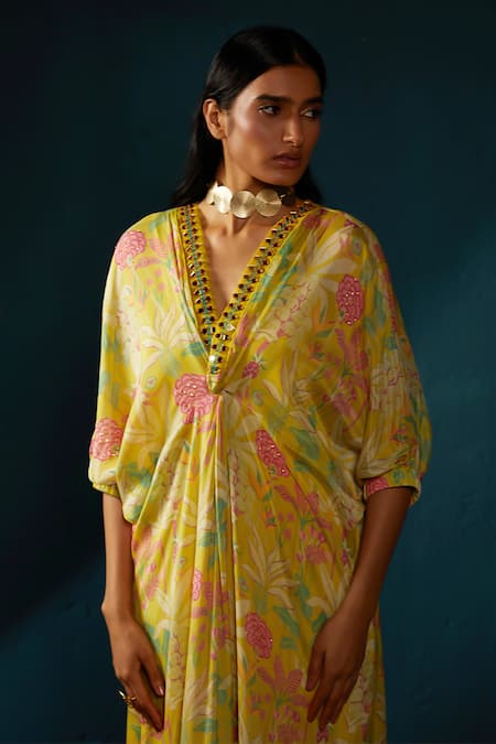 Basil Leaf_Yellow Chiffon Embroidery, Mirrors V-neck Floral Print Longline Kaftan _Online_at_Aza_Fashions
