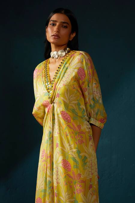 Buy_Basil Leaf_Yellow Chiffon Embroidery, Mirrors V-neck Floral Print Longline Kaftan _Online_at_Aza_Fashions