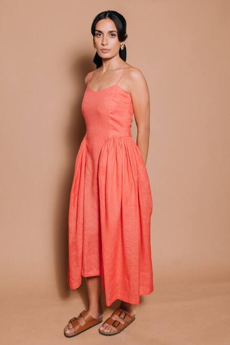 Ojasmé By Sanjana Thapa_Orange Linen Sweetheart Neck Chloe Side Gather Midi Dress _Online_at_Aza_Fashions