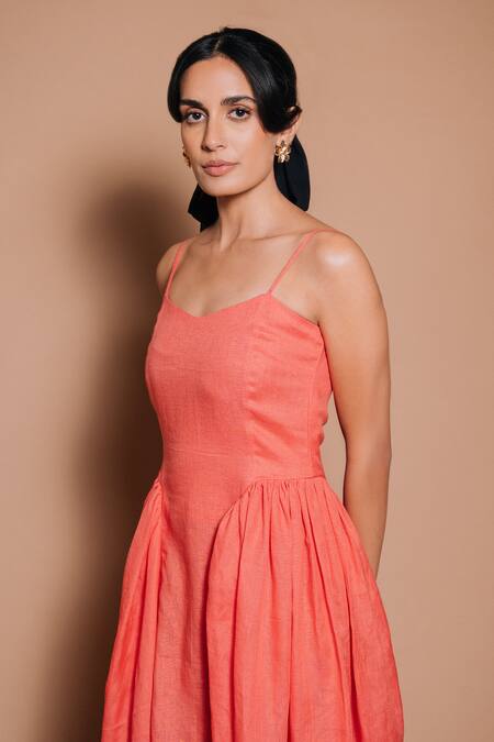 Buy_Ojasmé By Sanjana Thapa_Orange Linen Sweetheart Neck Chloe Side Gather Midi Dress _Online_at_Aza_Fashions