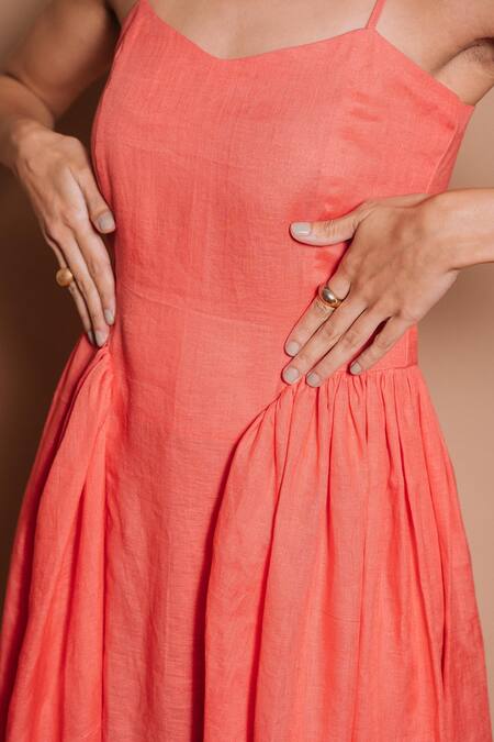 Shop_Ojasmé By Sanjana Thapa_Orange Linen Sweetheart Neck Chloe Side Gather Midi Dress _Online_at_Aza_Fashions