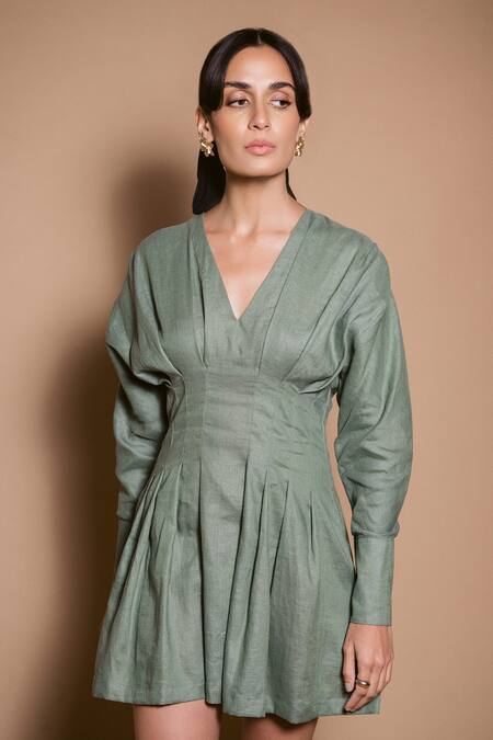 Ojasmé By Sanjana Thapa Green Linen V-neck Greta Pleated Short Dress Online at Aza Fashions Ojasmé By Sanjana Thapa_Green Linen V-neck Greta Pleated Short Dress _Online_at_Aza_Fashions