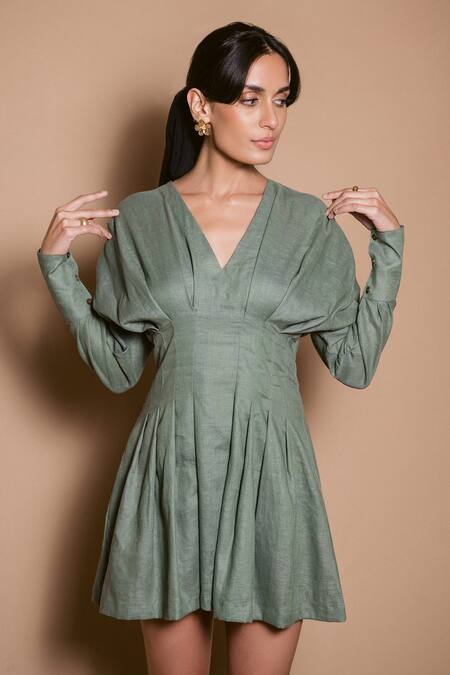 Buy Ojasmé By Sanjana Thapa Green Linen V-neck Greta Pleated Short Dress Online at Aza Fashions Buy_Ojasmé By Sanjana Thapa_Green Linen V-neck Greta Pleated Short Dress _Online_at_Aza_Fashions
