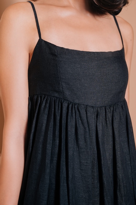 Ojasmé By Sanjana Thapa Black Linen Square Neck Jolene Tiered Midi Dress Online at Aza Fashions Ojasmé By Sanjana Thapa_Black Linen Square Neck Jolene Tiered Midi Dress _Online_at_Aza_Fashions