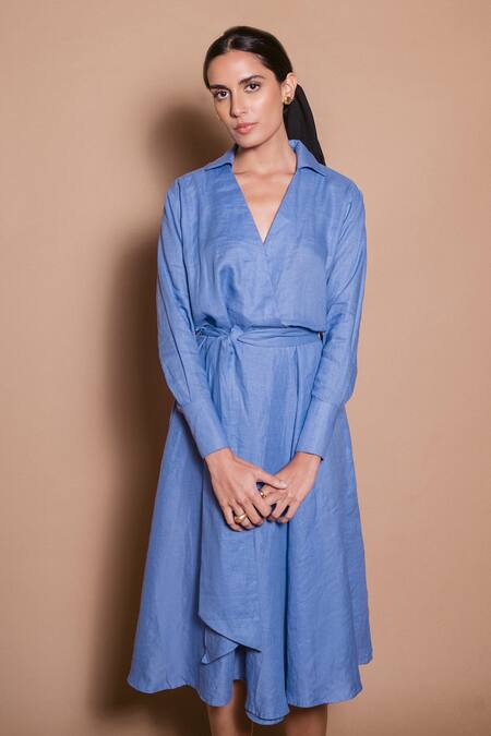 Ojasmé By Sanjana Thapa_Blue Linen Collared Rowena Periwinkle Shirt Dress With Belt _Online_at_Aza_Fashions