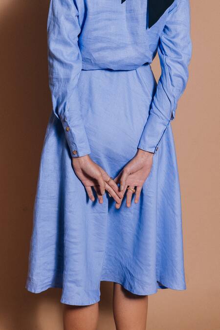 Buy_Ojasmé By Sanjana Thapa_Blue Linen Collared Rowena Periwinkle Shirt Dress With Belt _Online_at_Aza_Fashions