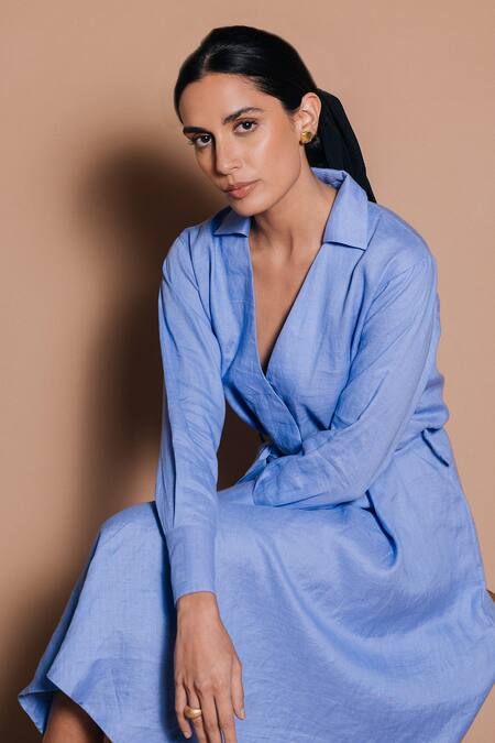 Shop_Ojasmé By Sanjana Thapa_Blue Linen Collared Rowena Periwinkle Shirt Dress With Belt _Online_at_Aza_Fashions