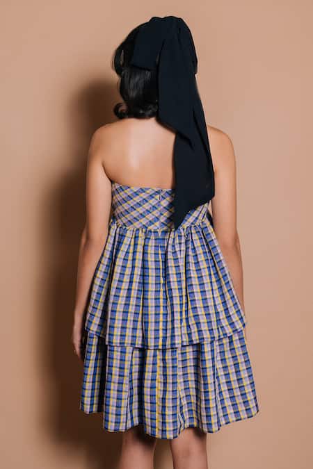 Shop_Ojasmé By Sanjana Thapa_Multi Color Linen Off-shoulder Tiered Checkered Dress _at_Aza_Fashions