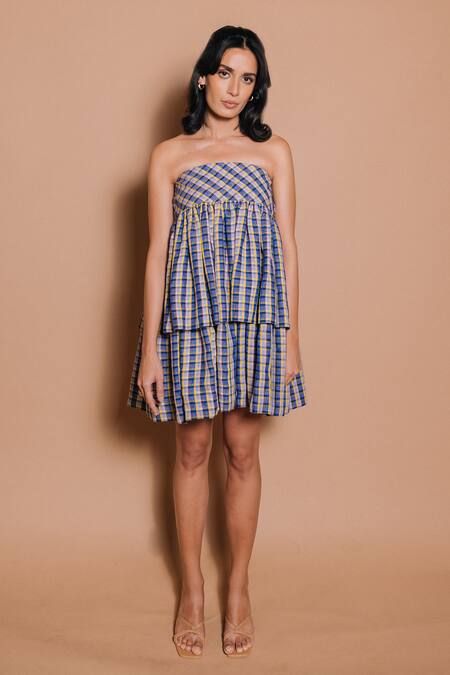 Ojasmé By Sanjana Thapa_Multi Color Linen Off-shoulder Tiered Checkered Dress _Online_at_Aza_Fashions