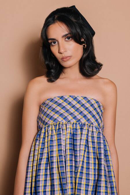 Buy_Ojasmé By Sanjana Thapa_Multi Color Linen Off-shoulder Tiered Checkered Dress _Online_at_Aza_Fashions