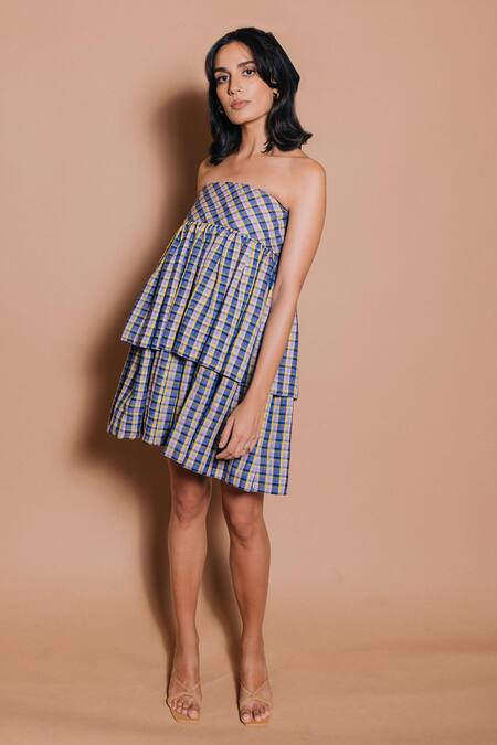 Shop_Ojasmé By Sanjana Thapa_Multi Color Linen Off-shoulder Tiered Checkered Dress _Online_at_Aza_Fashions