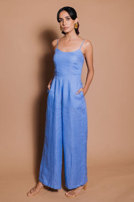 Ojasmé by Sanjana Thapa Blue 100% Linen Round Ivy Periwinkle Solid Jumpsuit  