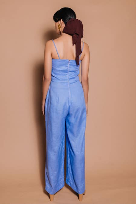 Shop_Ojasmé By Sanjana Thapa_Blue Linen Round Neck Ivy Periwinkle Solid Jumpsuit _at_Aza_Fashions