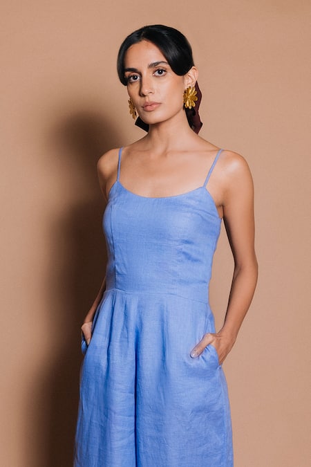 Ojasmé By Sanjana Thapa_Blue Linen Round Neck Ivy Periwinkle Solid Jumpsuit _Online_at_Aza_Fashions