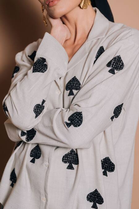 Ojasmé By Sanjana Thapa_Grey Handloom Cotton Embroidery Collared Spade Hand Shirt_Online_at_Aza_Fashions