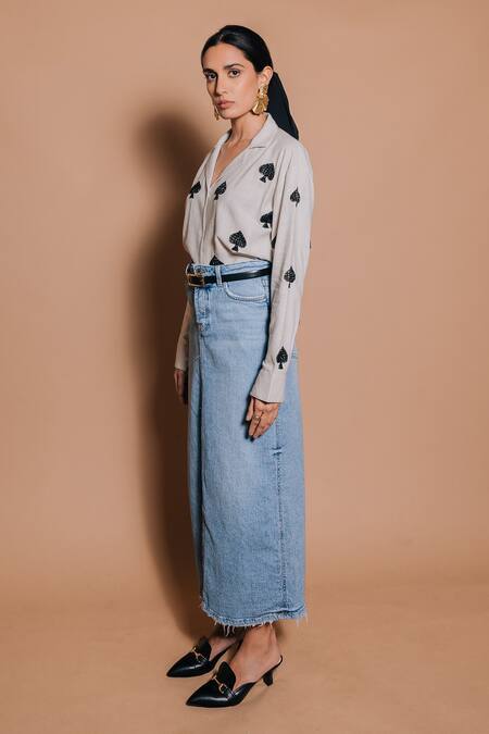 Buy_Ojasmé By Sanjana Thapa_Grey Handloom Cotton Embroidery Collared Spade Hand Shirt_Online_at_Aza_Fashions