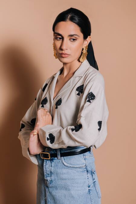 Shop_Ojasmé By Sanjana Thapa_Grey Handloom Cotton Embroidery Collared Spade Hand Shirt_Online_at_Aza_Fashions