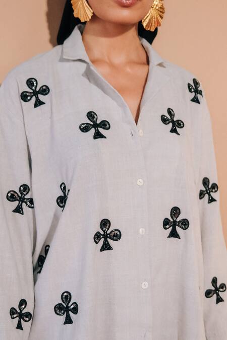 Ojasmé By Sanjana Thapa Grey Handloom Cotton Embroidery Collared Club Hand Shirt Online at Aza Fashions Ojasmé By Sanjana Thapa_Grey Handloom Cotton Embroidery Collared Club Hand Shirt _Online_at_Aza_Fashions