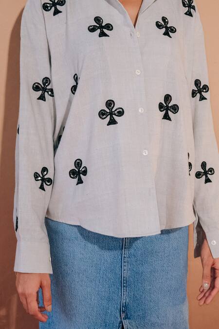 Buy Ojasmé By Sanjana Thapa Grey Handloom Cotton Embroidery Collared Club Hand Shirt Online at Aza Fashions Buy_Ojasmé By Sanjana Thapa_Grey Handloom Cotton Embroidery Collared Club Hand Shirt _Online_at_Aza_Fashions