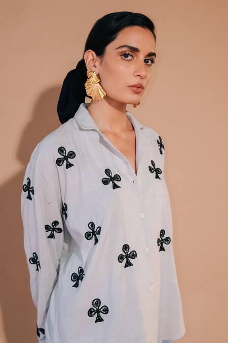 Shop Ojasmé By Sanjana Thapa Grey Handloom Cotton Embroidery Collared Club Hand Shirt Online at Aza Fashions Shop_Ojasmé By Sanjana Thapa_Grey Handloom Cotton Embroidery Collared Club Hand Shirt _Online_at_Aza_Fashions