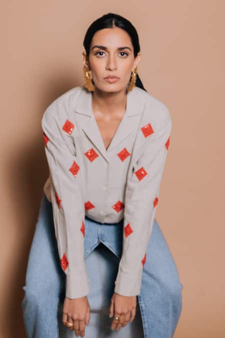 Shop_Ojasmé By Sanjana Thapa_Grey Handloom Cotton Diamonds Collared Hand Embroidered Shirt _at_Aza_Fashions