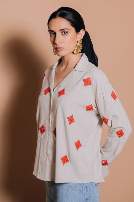 Ojasmé By Sanjana Thapa_Grey Handloom Cotton Diamonds Collared Hand Embroidered Shirt _Online_at_Aza_Fashions
