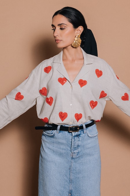 Ojasmé By Sanjana Thapa Heart Hand Embroidered Shirt 