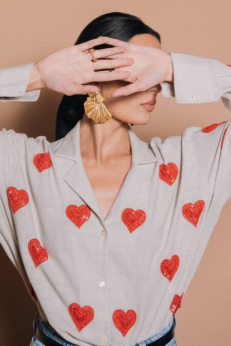 Ojasmé By Sanjana Thapa Grey Handloom Cotton Embroidery Collared Heart Hand Shirt Online at Aza Fashions Ojasmé By Sanjana Thapa_Grey Handloom Cotton Embroidery Collared Heart Hand Shirt _Online_at_Aza_Fashions