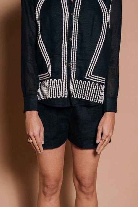 Buy_Ojasmé By Sanjana Thapa_Black Linen Embroidery Collared Neena Shirt With Shorts _Online_at_Aza_Fashions