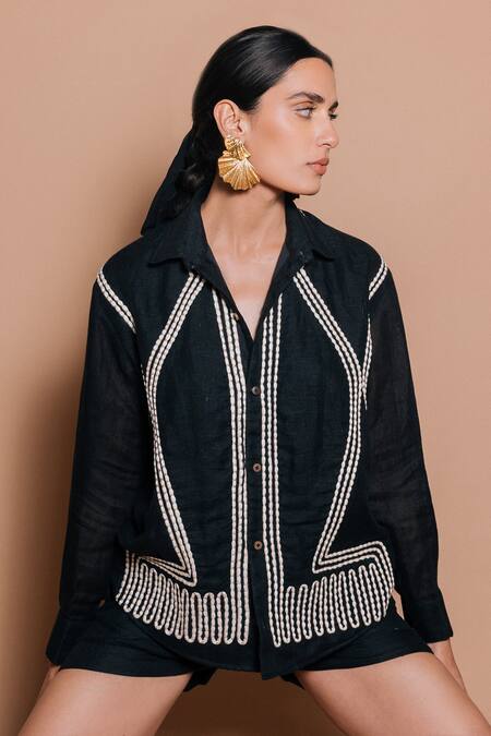 Shop_Ojasmé By Sanjana Thapa_Black Linen Embroidery Collared Neena Shirt With Shorts _Online_at_Aza_Fashions
