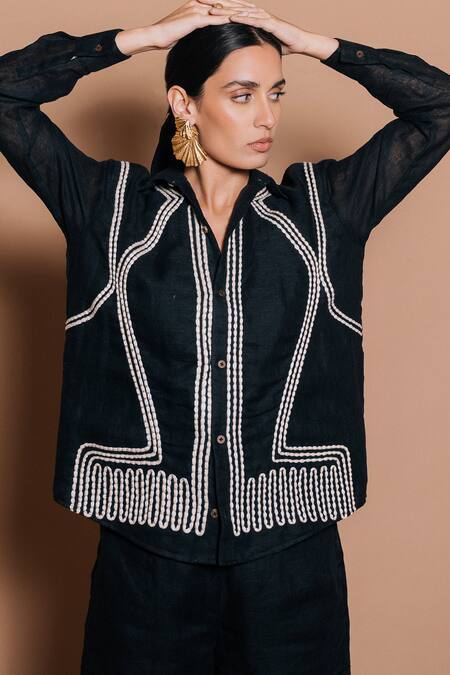 Ojasmé By Sanjana Thapa_Black Linen Embroidery Collared Neena Shirt With Shorts _at_Aza_Fashions