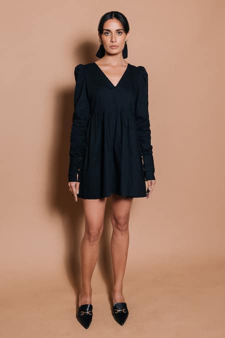 Ojasmé by Sanjana Thapa Black Poplin V Neck Cindy Solid Short Dress  