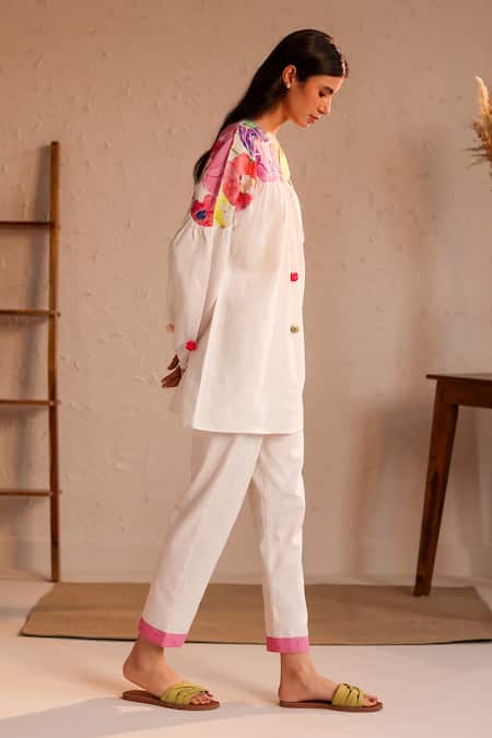 Roza_Ivory Linen Water Color Florals V Neck Amalfi Pattern Tunic  _Online_at_Aza_Fashions
