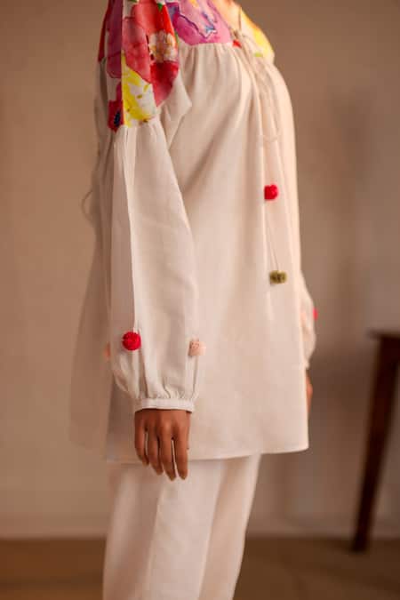 Buy_Roza_Ivory Linen Water Color Florals V Neck Amalfi Pattern Tunic  _Online_at_Aza_Fashions