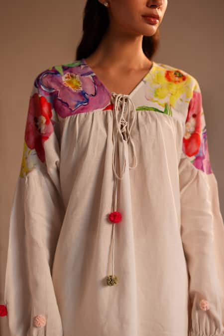 Shop_Roza_Ivory Linen Water Color Florals V Neck Amalfi Pattern Tunic  _Online_at_Aza_Fashions
