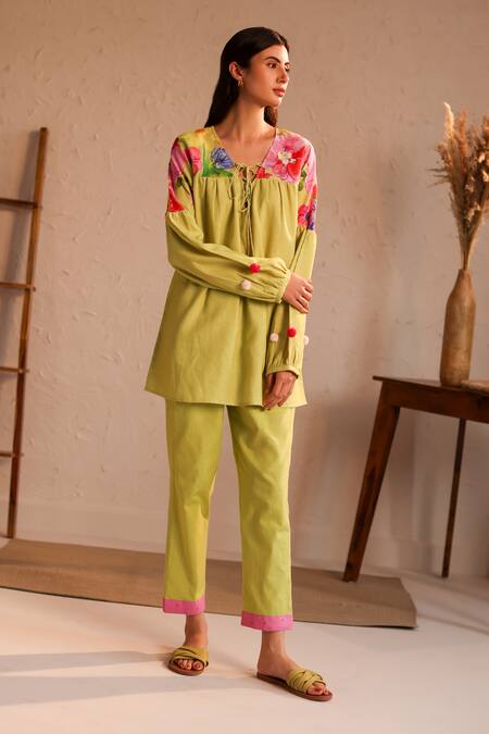 Roza_Green Linen Water Color Florals V Neck Amalfi Pattern Tunic  _Online_at_Aza_Fashions