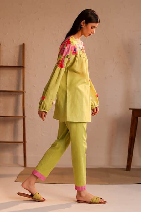 Buy_Roza_Green Linen Water Color Florals V Neck Amalfi Pattern Tunic  _Online_at_Aza_Fashions