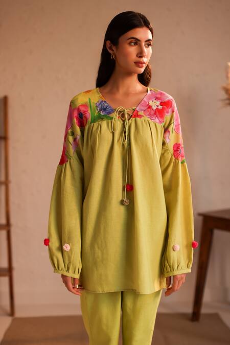 Shop_Roza_Green Linen Water Color Florals V Neck Amalfi Pattern Tunic  _Online_at_Aza_Fashions