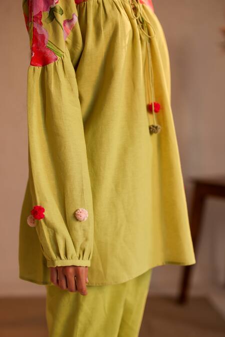 Roza_Green Linen Water Color Florals V Neck Amalfi Pattern Tunic  _at_Aza_Fashions