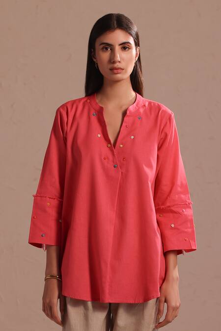 Roza_Peach Linen Embroidered Thread Work Band Notched Cora Short Tunic  _Online_at_Aza_Fashions