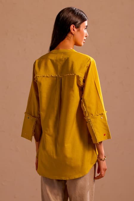 Shop_Roza_Yellow Linen Embroidered Thread Work Band Notched Cora Short Tunic  _at_Aza_Fashions