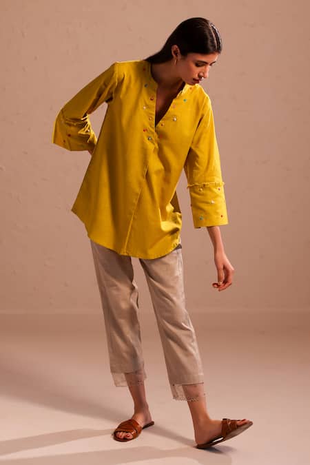 Shop_Roza_Yellow Linen Embroidered Thread Work Band Notched Cora Short Tunic  _Online_at_Aza_Fashions