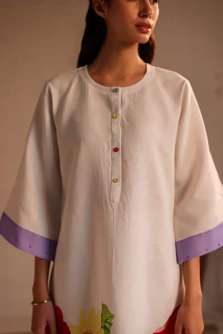 Shop_Roza_Ivory Linen Water Color Florals Round Florence Pattern Kurta  _Online_at_Aza_Fashions