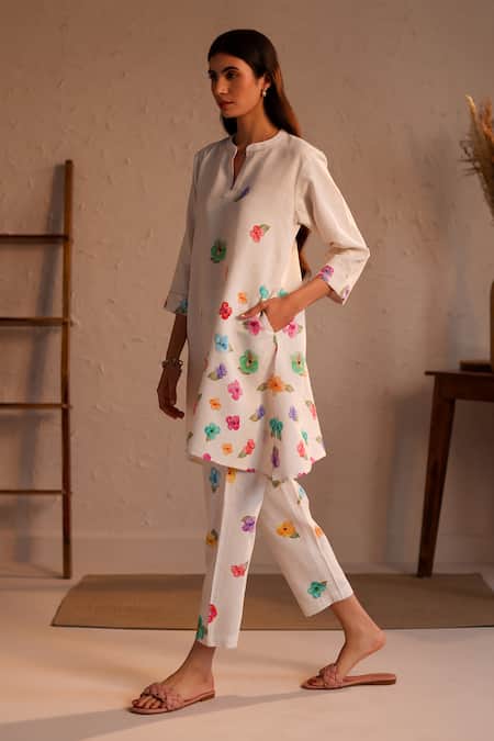 Shop_Roza_Ivory Linen Embroidery Bandeau Neck Limoncello Pancies Floral Pattern Tunic _at_Aza_Fashions